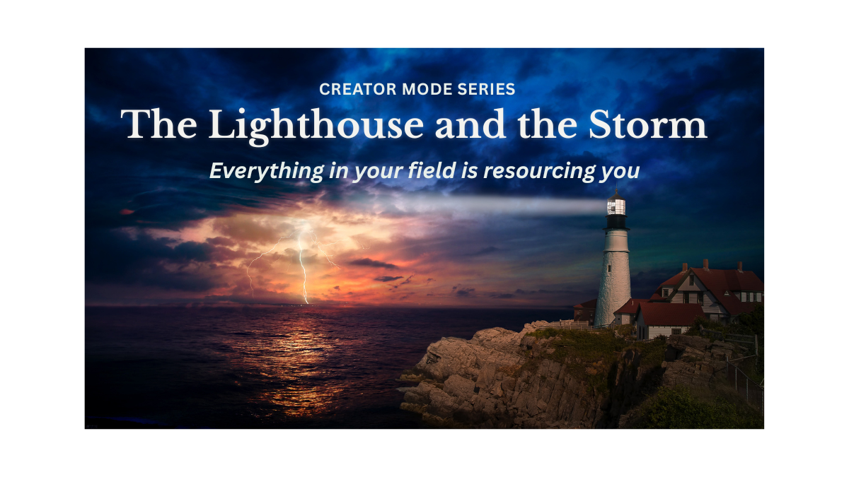 A lighthouse shining steadily over a stormy ocean at sunset with lightning in the distance