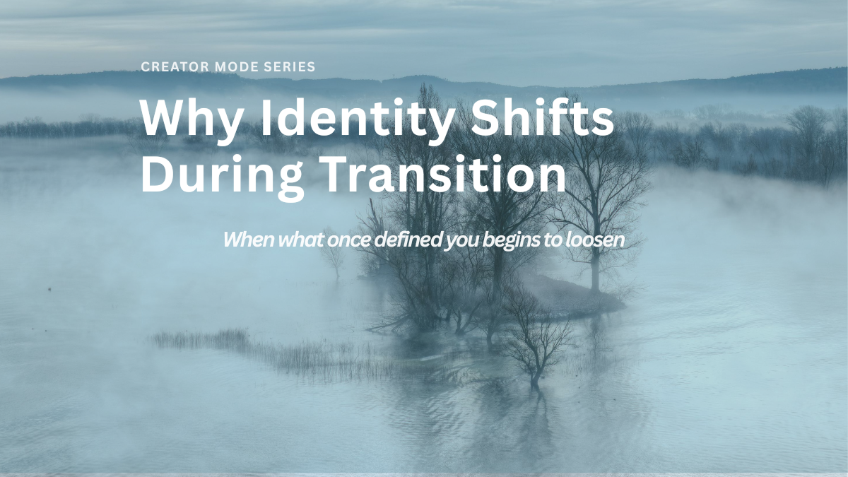 Foggy river landscape with trees emerging through mist, soft blue tones, representing identity shift and transition.