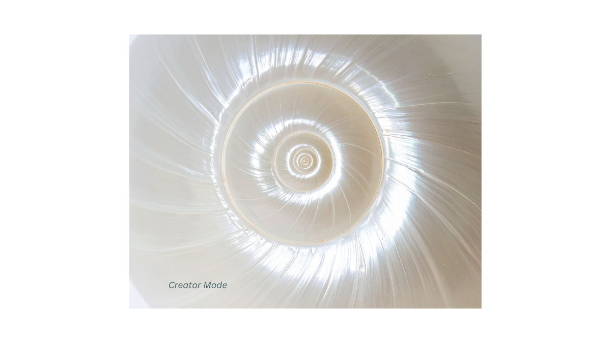 Luminous spiral shell symbolizing the unfolding, expansive nature of Creator Mode.